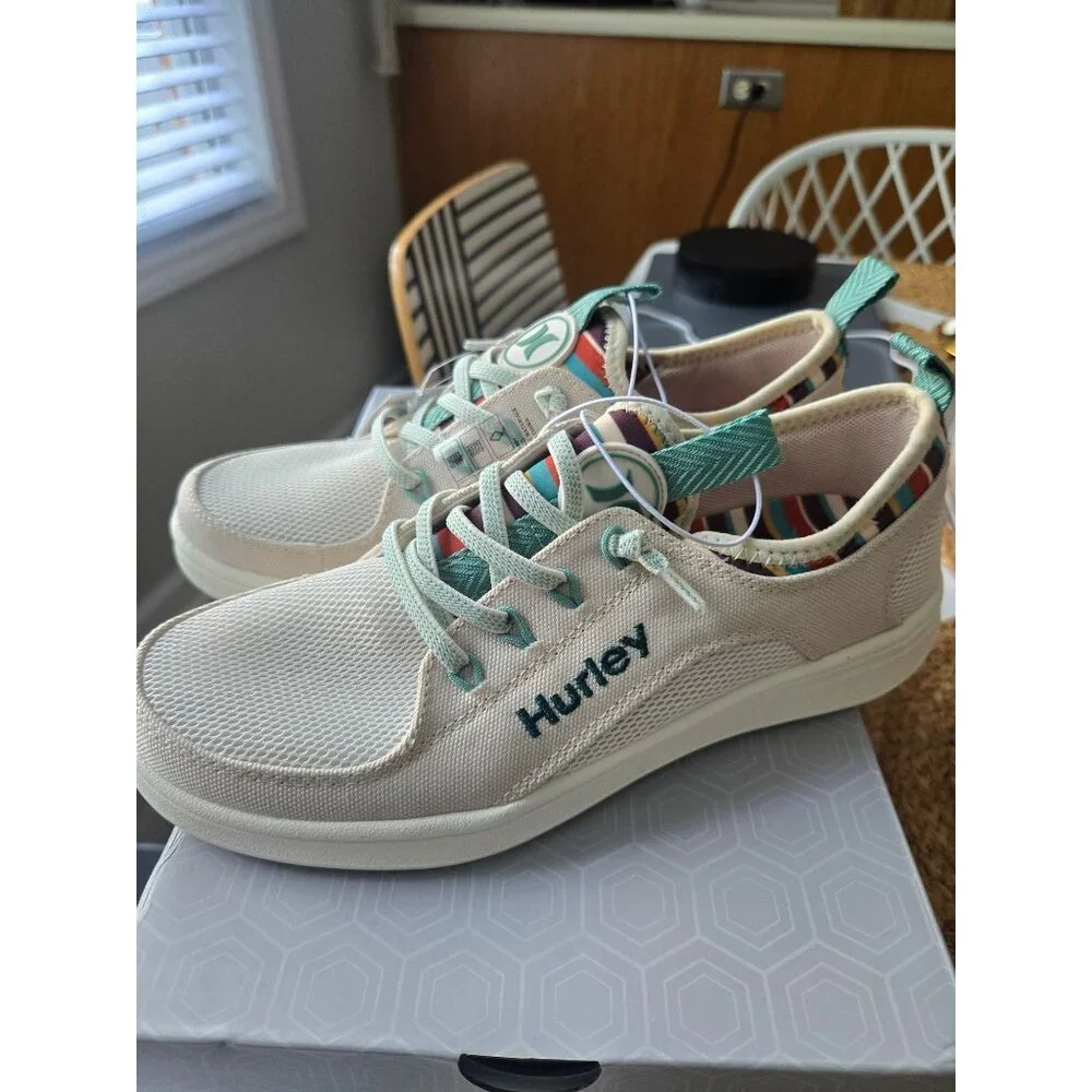 Hurley Womens Bungee Shoes Beige/Teal Striped Insole Lightweight Sneakers Size 6 - Picture 1 of 7